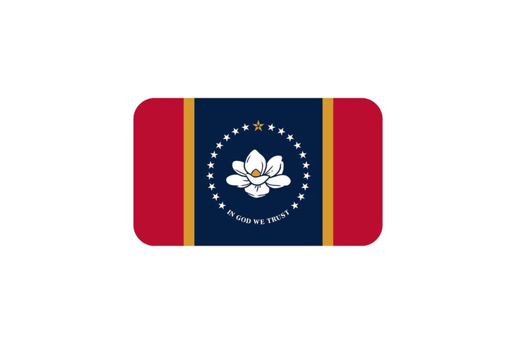 Mississippi state flag with vertical red stripes on the sides, a blue center panel featuring a white magnolia blossom surrounded by 20 white stars, a gold five-point star above, and a gold-bordered circle.
