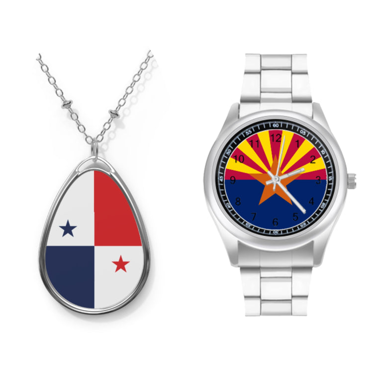Panama flag teardrop pendant necklace and Arizona state flag silver wristwatch side by side