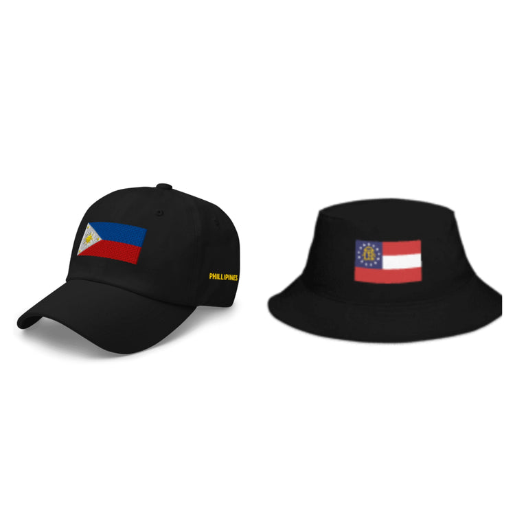 Black bucket hat with Georgia state flag and black baseball cap with embroidered Philippines flag and text