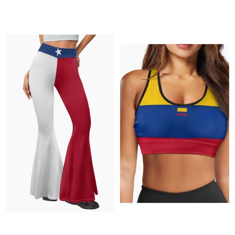 Women’s activewear featuring Texas flag flare leggings and Colombian flag sports bra, combining style and national pride for workouts