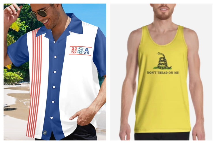 Men’s patriotic button-up USA shirt and yellow tank top with the Gadsden flag “Don’t Tread On Me” design