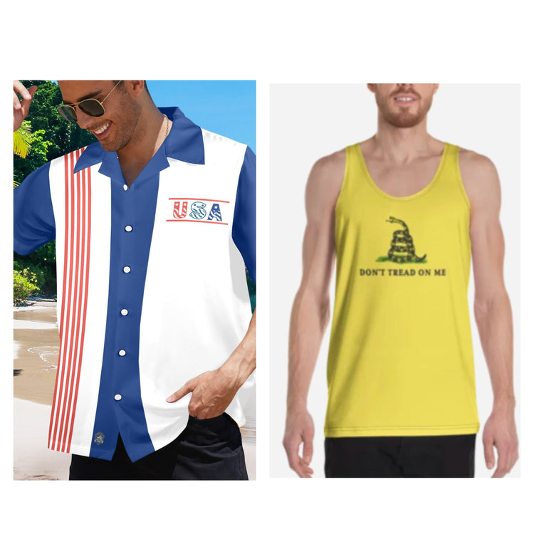 Men’s patriotic button-up USA shirt and yellow tank top with the Gadsden flag “Don’t Tread On Me” design