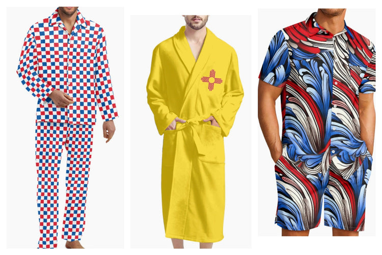 men’s patriotic checkered pajamas, yellow robe with New Mexico flag, and red white blue printed sleep set