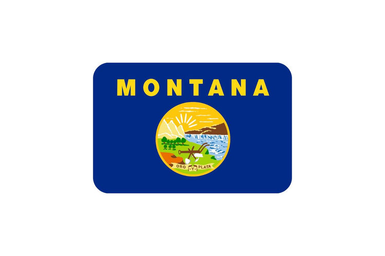 Montana state flag with a dark blue background and the state seal in the center, featuring mountains, a plow, a pickaxe, and a river under a golden sun, with the word “MONTANA” above in bold yellow letters.