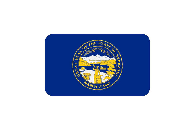 Nebraska state flag featuring the state seal in gold centered on a dark blue background, with a blacksmith, train, and cabin symbolizing agriculture, industry, and westward expansion.