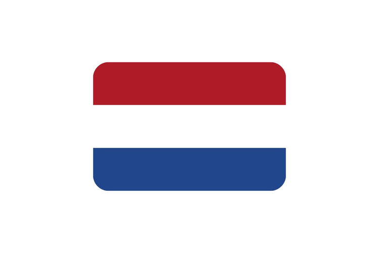 Netherlands flag with three horizontal stripes in red, white, and blue from top to bottom.