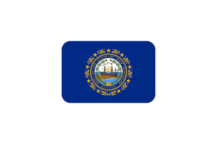 New Hampshire state flag with a blue field featuring the state seal in the center, which depicts the USS Raleigh surrounded by a laurel wreath and nine stars.