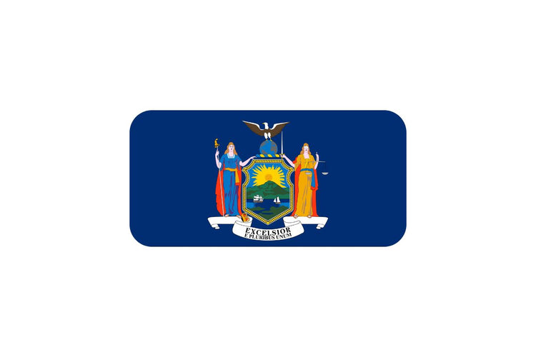 New York state flag with a dark blue field featuring the state coat of arms: a shield with a sun over the Hudson River, flanked by the figures of Liberty and Justice, and an eagle perched atop a globe.