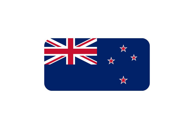 New Zealand flag with a blue field, the Union Jack in the upper left corner, and four red stars with white borders representing the Southern Cross constellation on the right side.