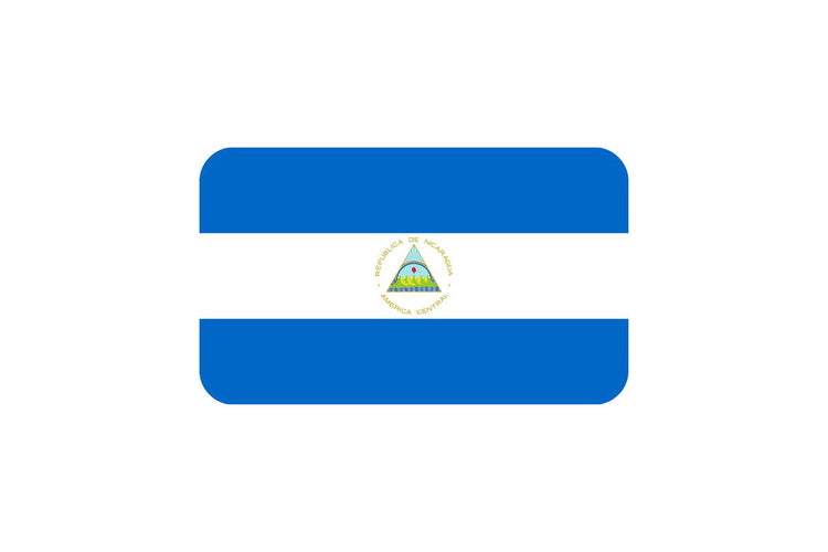 Nicaragua flag with three horizontal stripes: blue on the top and bottom, white in the center, featuring the national coat of arms with a triangle and rainbow centered on the white stripe.