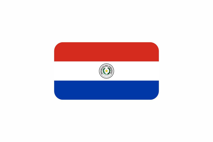 Paraguay flag with three horizontal stripes in red, white, and blue, featuring the national coat of arms centered on the white stripe (front side).