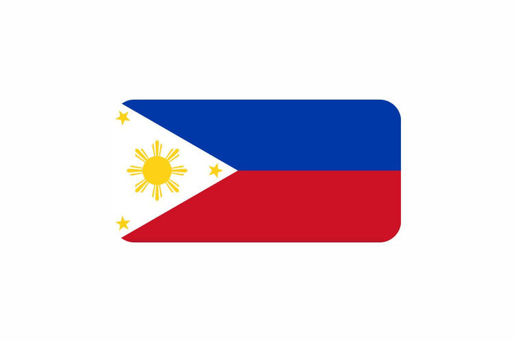 Philippines flag with two horizontal bands of blue and red, and a white equilateral triangle on the hoist side containing a golden sun and three stars.