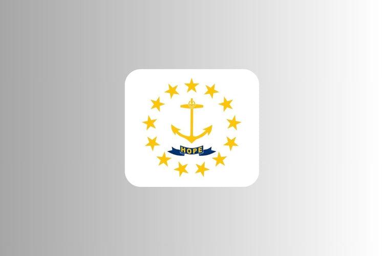 Rhode Island state flag with a white field featuring a gold anchor in the center surrounded by thirteen gold stars and a blue ribbon below reading “Hope.”