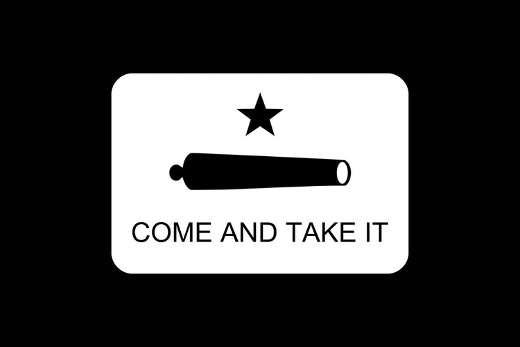 Come and Take It flag featuring a black silhouette of a cannon with a five-pointed star above it and the words COME AND TAKE IT in bold black letters below, all on a white background.