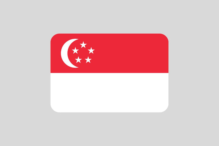 Singapore flag with two horizontal stripes: red on top and white on the bottom, featuring a white crescent moon and five white stars in a circle on the red stripe near the hoist.