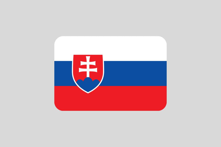 Slovakia flag with three horizontal stripes in white, blue, and red, featuring the national coat of arms—a double cross on three hills—near the hoist side.