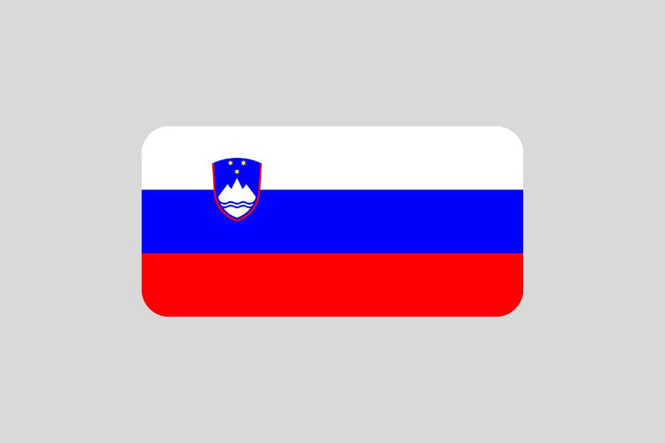 Slovenia flag with three horizontal stripes in white, blue, and red, featuring the national coat of arms with a mountain and stars near the hoist side.
