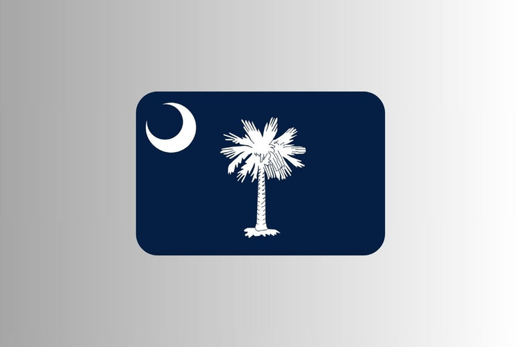 South Carolina state flag with an indigo blue background featuring a white palmetto tree in the center and a white crescent in the upper hoist-side corner.