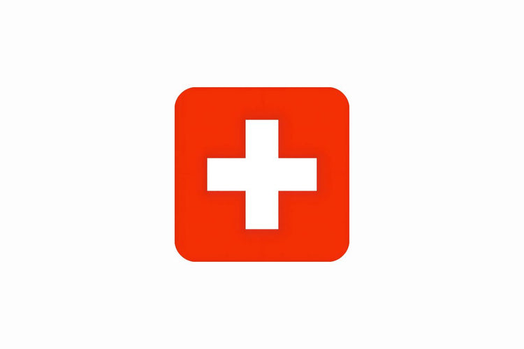 Switzerland flag with a red square background and a bold, white, equilateral cross centered in the middle.