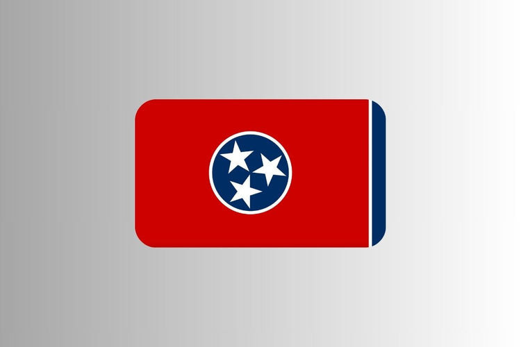 Tennessee state flag with a red field, a blue vertical stripe on the fly side, and a blue circle in the center containing three white stars representing the state’s three Grand Divisions.