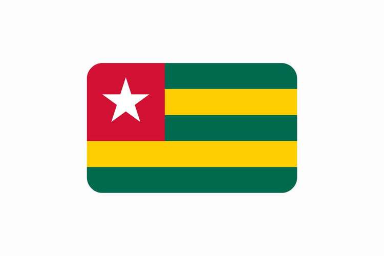Togo flag with five horizontal stripes alternating green and yellow, and a red square in the upper hoist-side corner containing a white five-pointed star.