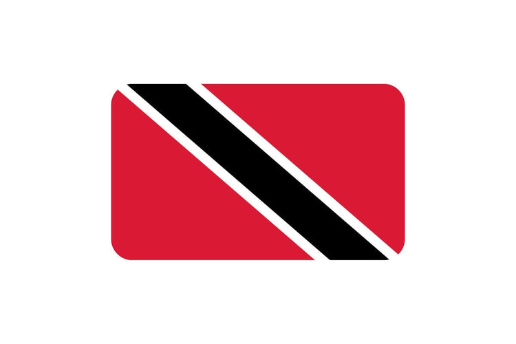 Trinidad and Tobago flag with a red field, a black diagonal band from the upper hoist to the lower fly side, bordered by narrow white stripes.