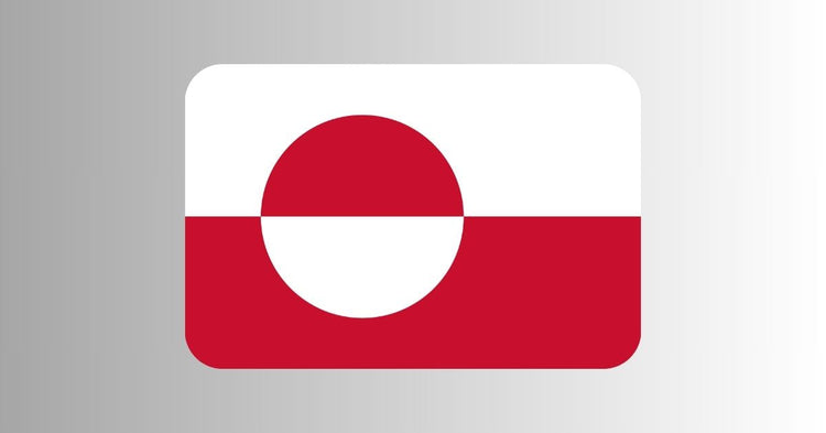 Greenland flag with two horizontal halves—white on top and red on bottom—with a red and white circle slightly left of center, the red half on top and white half on bottom.