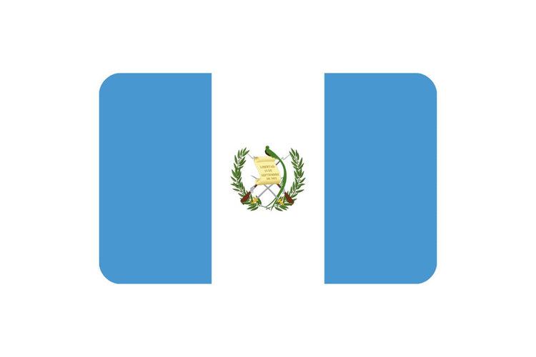 Guatemala flag with three vertical stripes in sky blue, white, and sky blue, featuring the national coat of arms centered on the white stripe, including a quetzal bird, scroll, crossed rifles, and bay laurel branches.