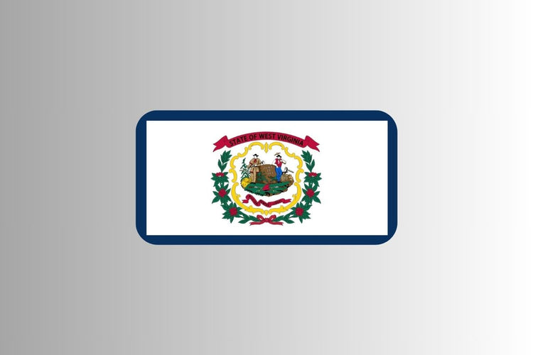 West Virginia state flag with a white field bordered in blue, featuring the state coat of arms in the center, surrounded by a wreath of rhododendrons and a red ribbon reading “State of West Virginia.”