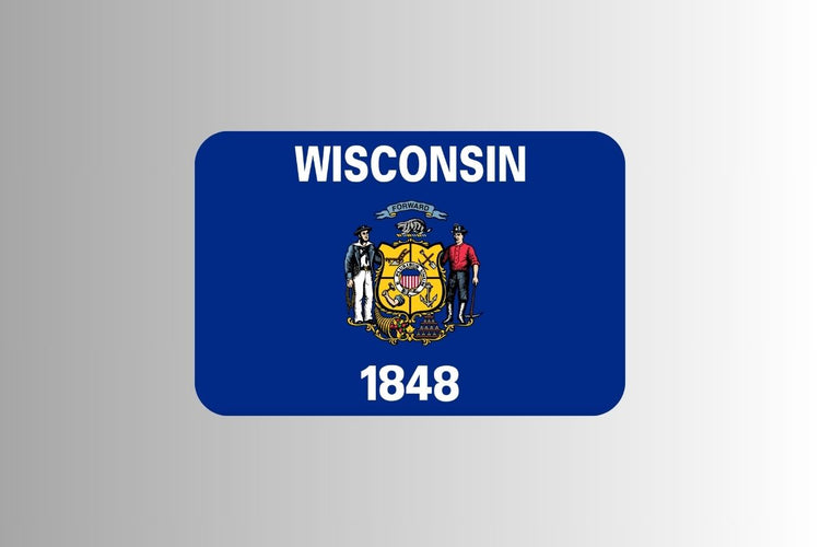 Wisconsin state flag with a blue field featuring the state coat of arms in the center, the word “WISCONSIN” above, and the year “1848” below.
