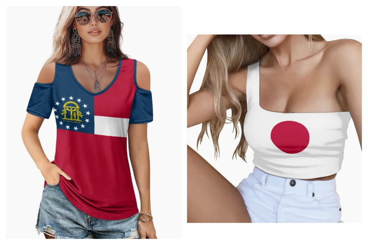 Two women wearing patriotic flag-themed tops — one features the Japan flag crop top, and the other wears a Georgia state cold-shoulder tee