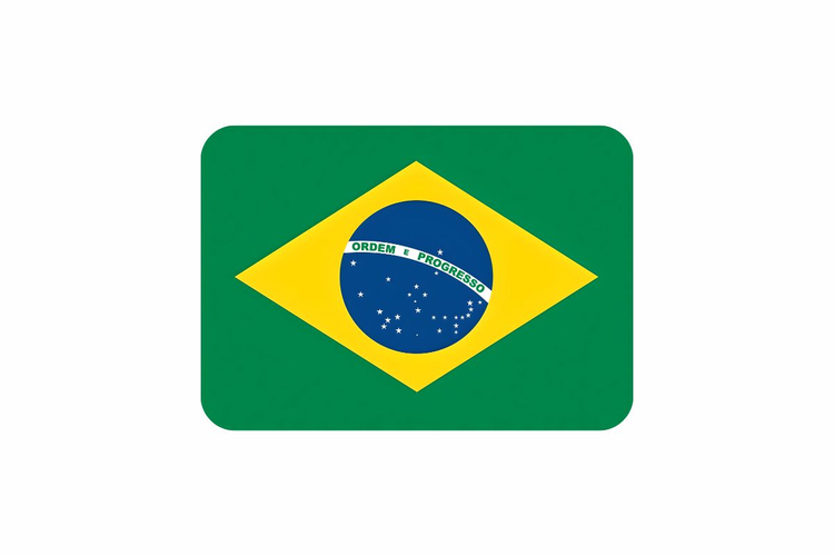Brazil flag centered on a white background with rounded corners, featuring a green field, yellow diamond, and a blue globe with white stars and a banner reading “Ordem e Progresso.”