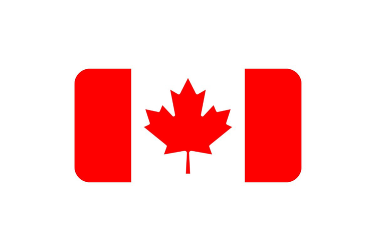 Canada flag centered on a white background with rounded corners, featuring a red 11-point maple leaf on a white vertical band flanked by two red vertical bars.