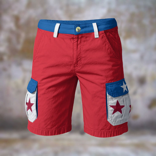 Red shorts with star pockets, [Brand] design, patriotic style.