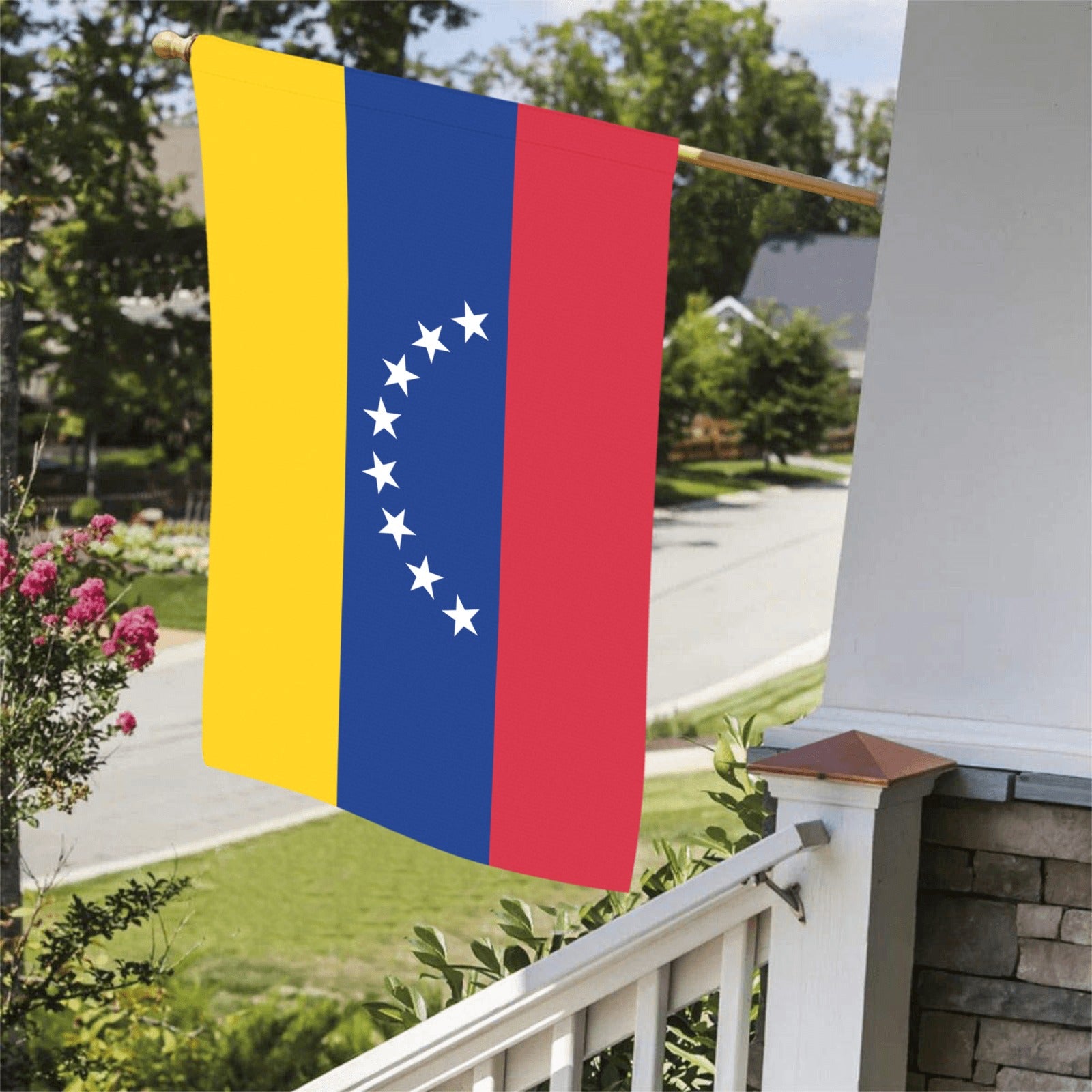 "Luv My Flag brand Venezuela flag displayed on porch."