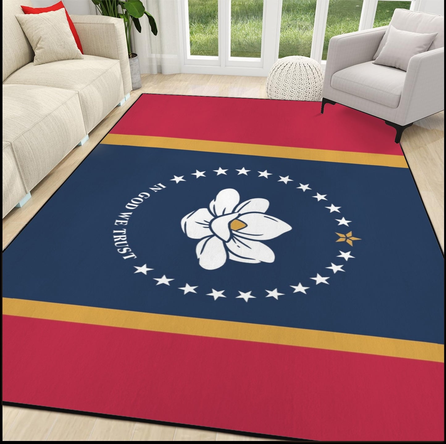 Mississippi Flag Inspired 84x60 Inch Area Rug with Black Binding (Made in the USA)