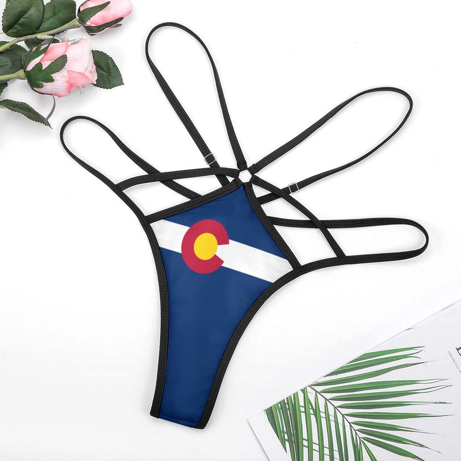![Brand] strappy bikini with Colorado flag design and roses.
