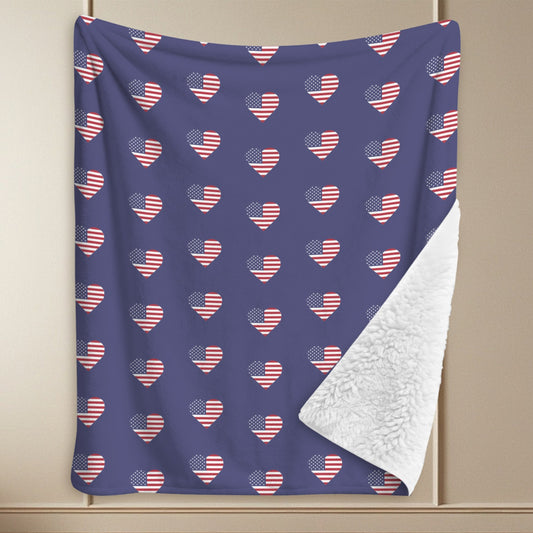 USA/American Flag Inspired Hearts Pattern Sherpa Fleece Blanket 90" x 108" | Prtinted in the USA