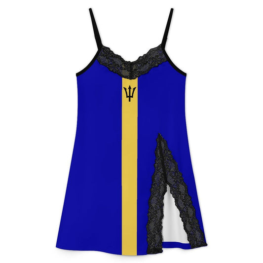 Barbados Flag Inspired Women's Lace Slit Cami Pajama Dress