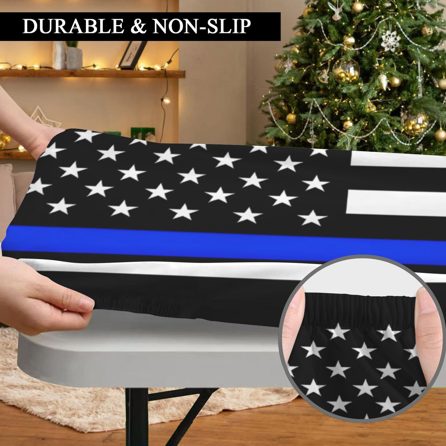 Thin Blue Line Flag Inspired Custom Elastic Fitted Tablecloth 72x30 inch (Made in the USA)