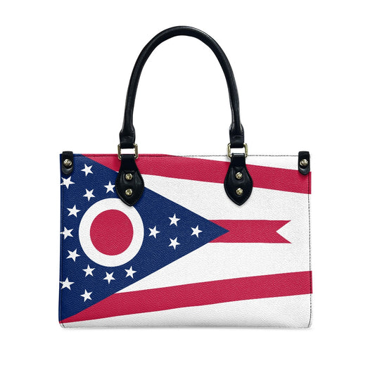[Brand] handbag featuring Ohio state flag design, black handles.