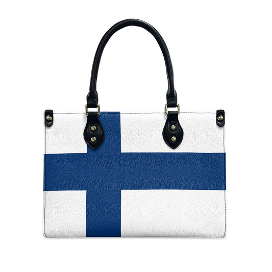 [Brand] handbag featuring Finnish flag design with black handles.