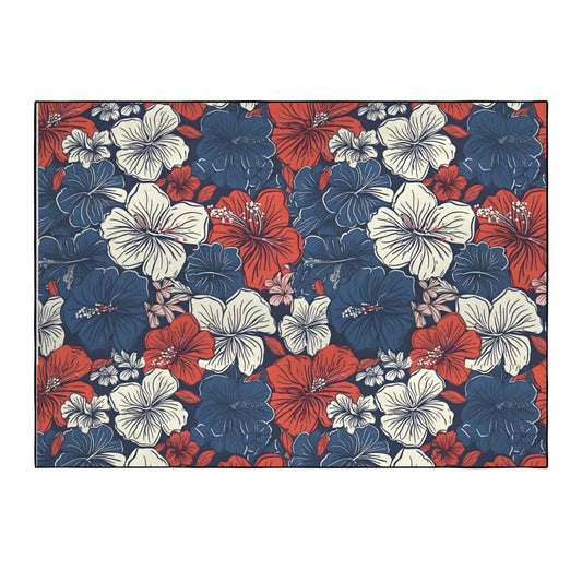 USA/American Flag Inspired Hawaiian Floral Pattern 84x60 Inch Area Rug with Black Binding (Made in the USA)