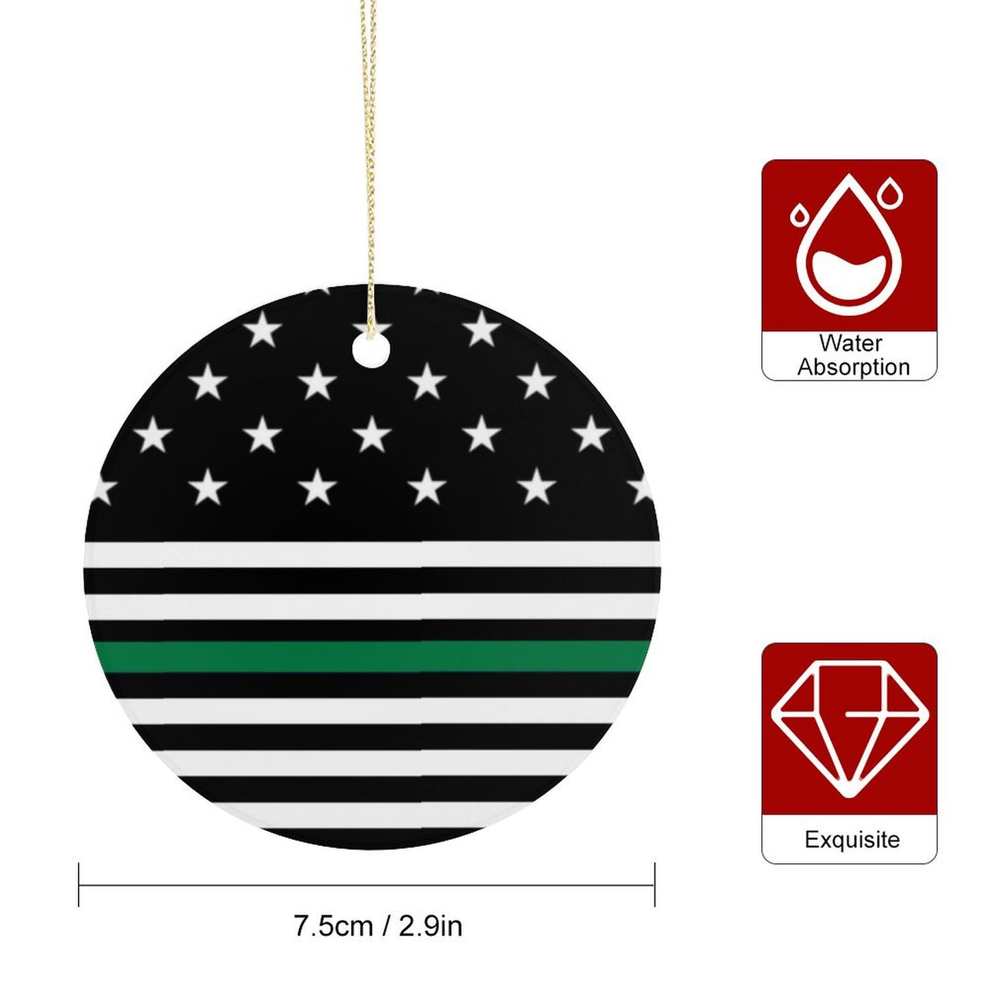 Thin Green  Line Flag Inspired Circle Ceramic Ornament Made in USA Circle Ceramic Ornament (Made in USA)