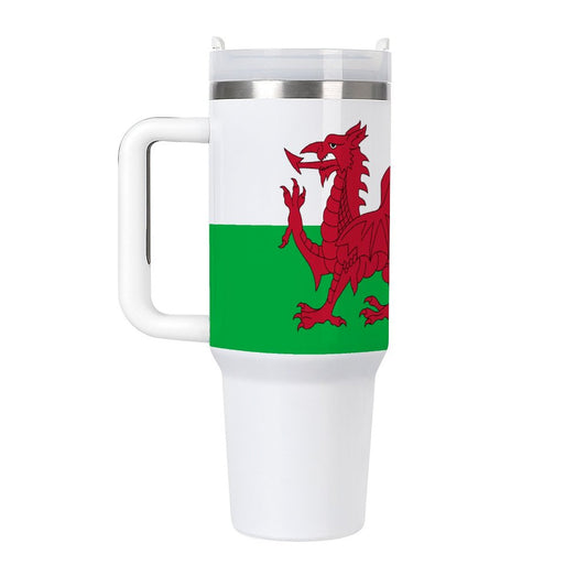 [Brand] travel mug featuring Welsh flag with red dragon.