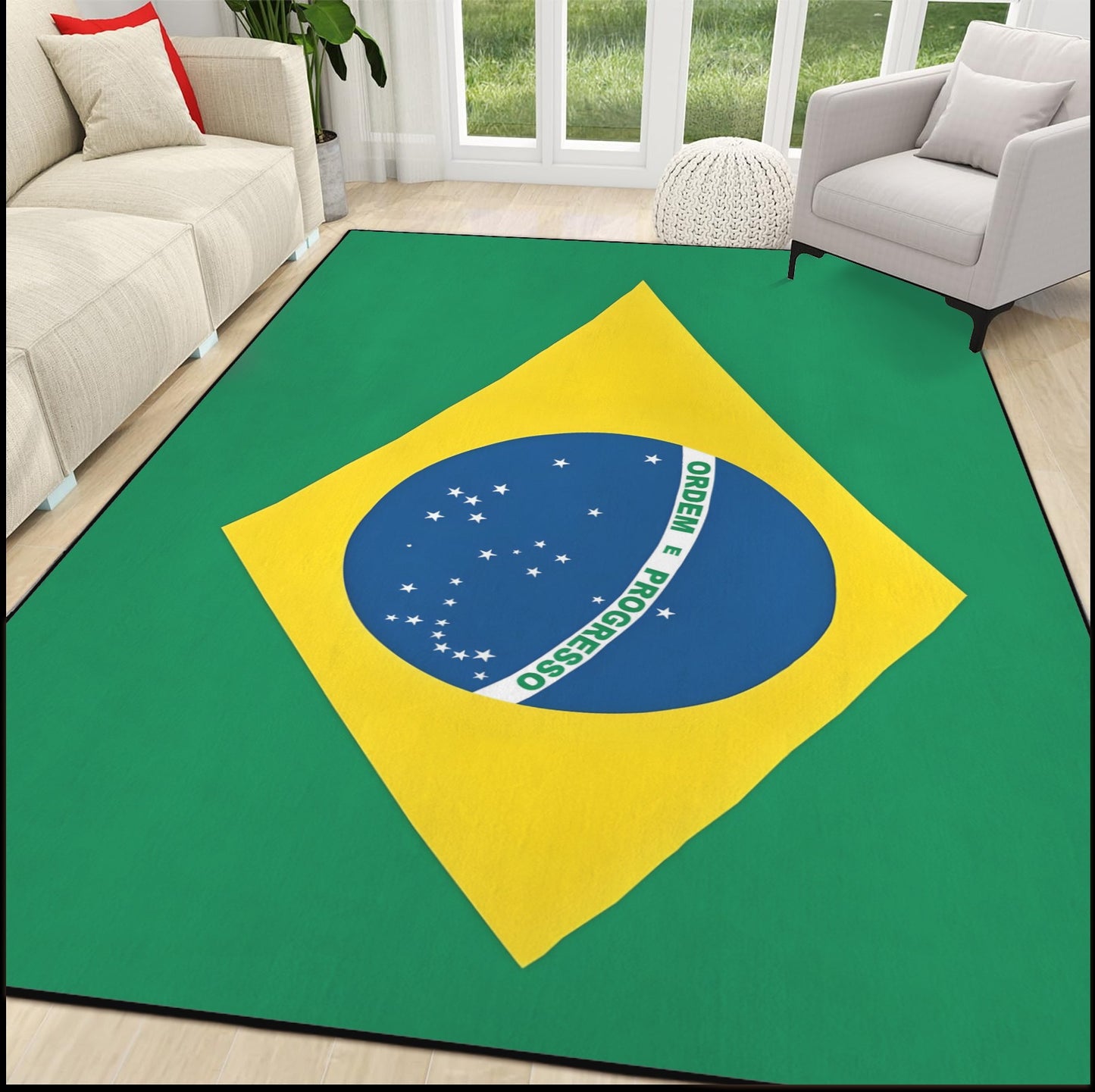 Brazil Flag Inspired 84x60 Inch Area Rug with Black Binding (Made in the USA)