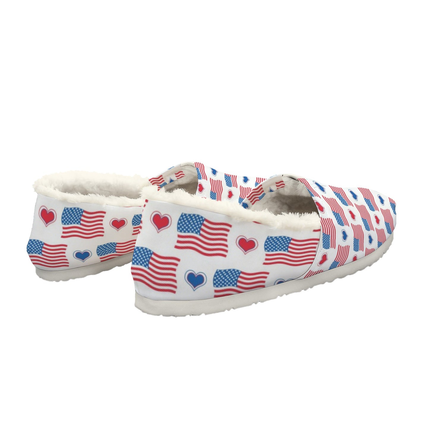 USA/American Flag Inspired Flag and Hearts Pattern Women's Fleece-Lined Canvas Slip-On