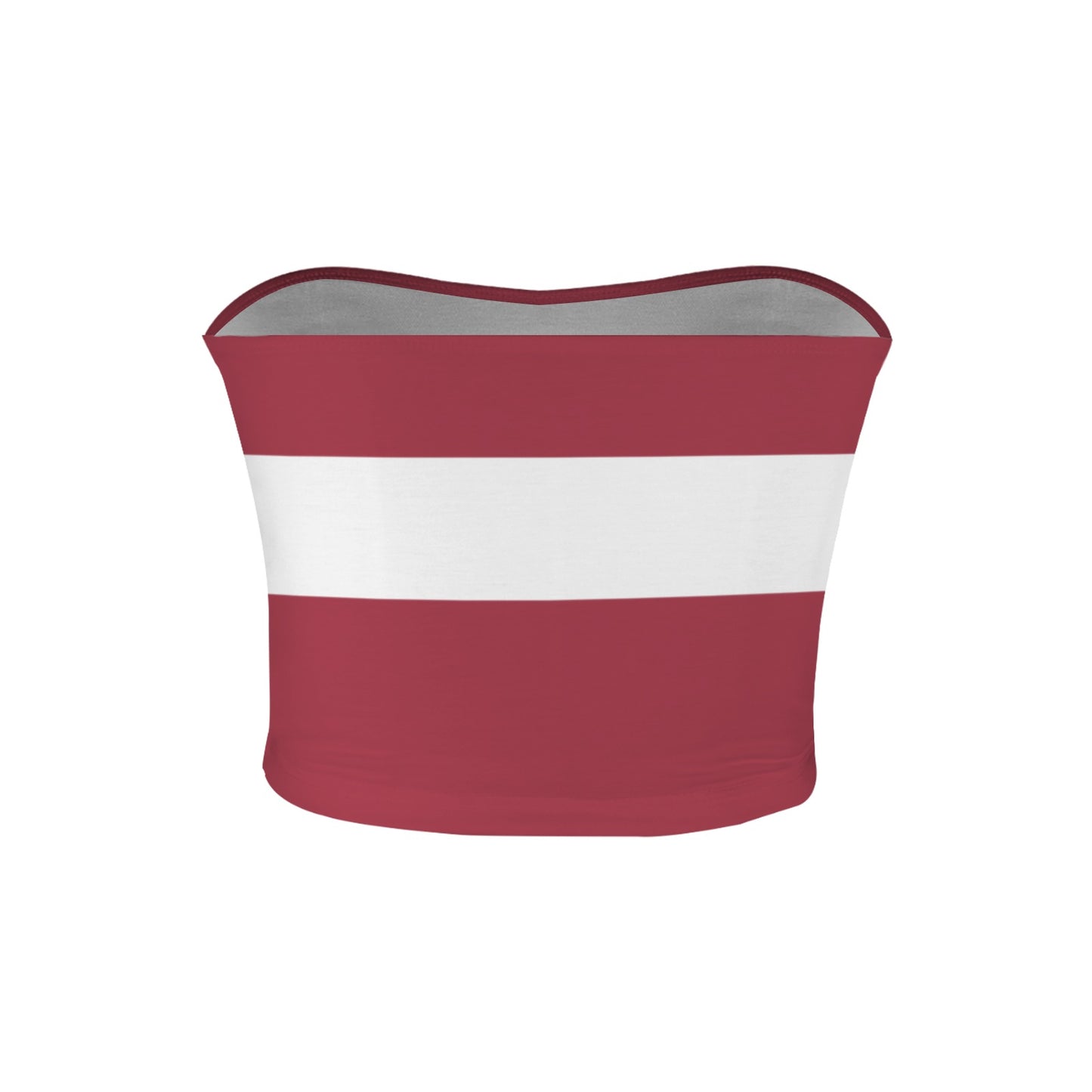 [Brand] red tube top, white horizontal stripe, minimalist design.