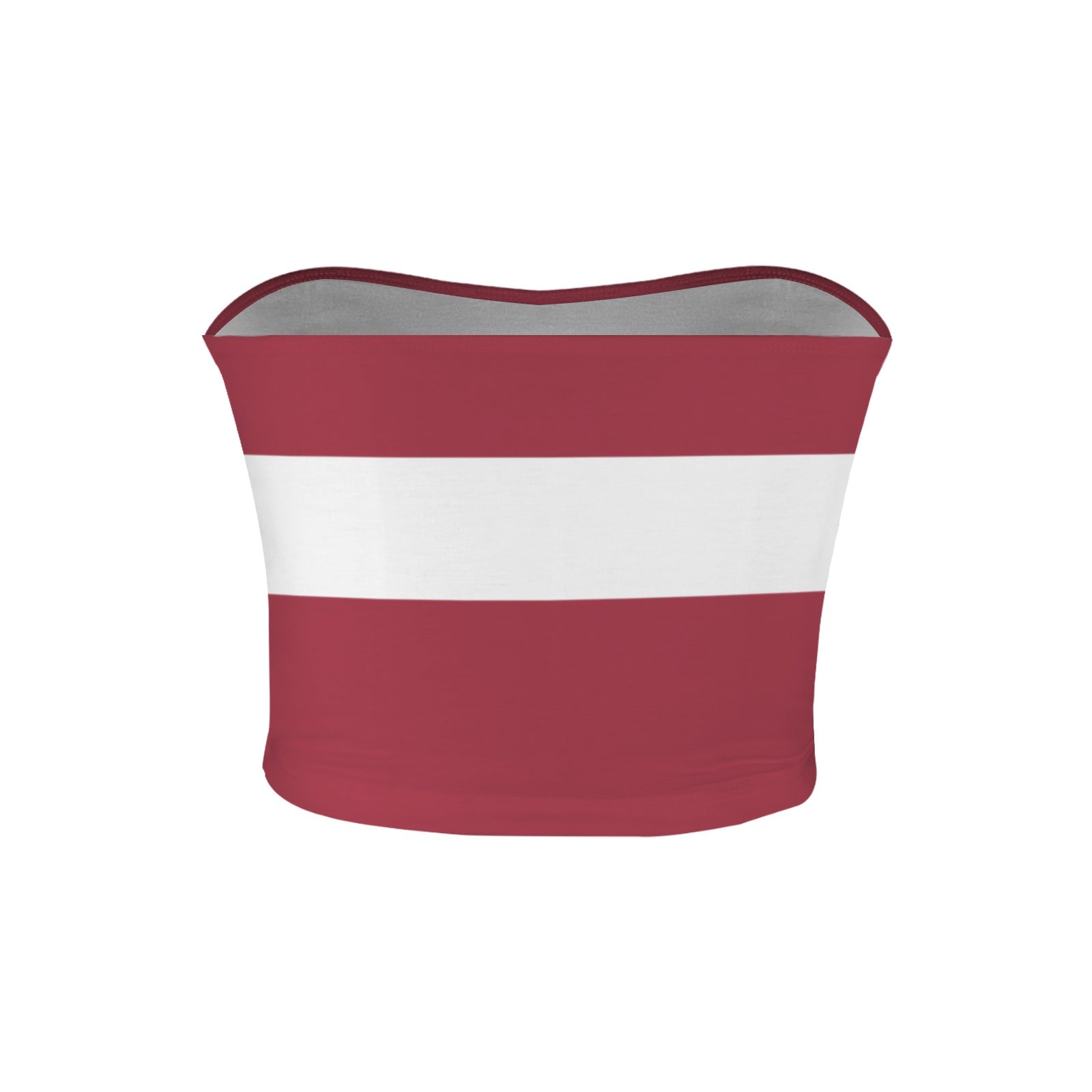 [Brand] red tube top with white horizontal stripe design.