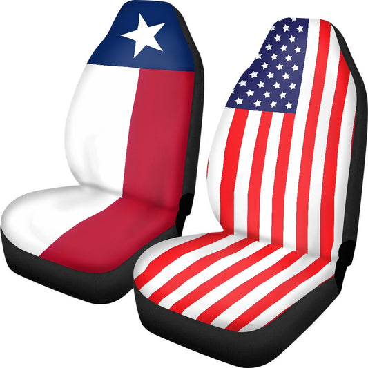 [Brand] seat covers with Texas and American flag designs.